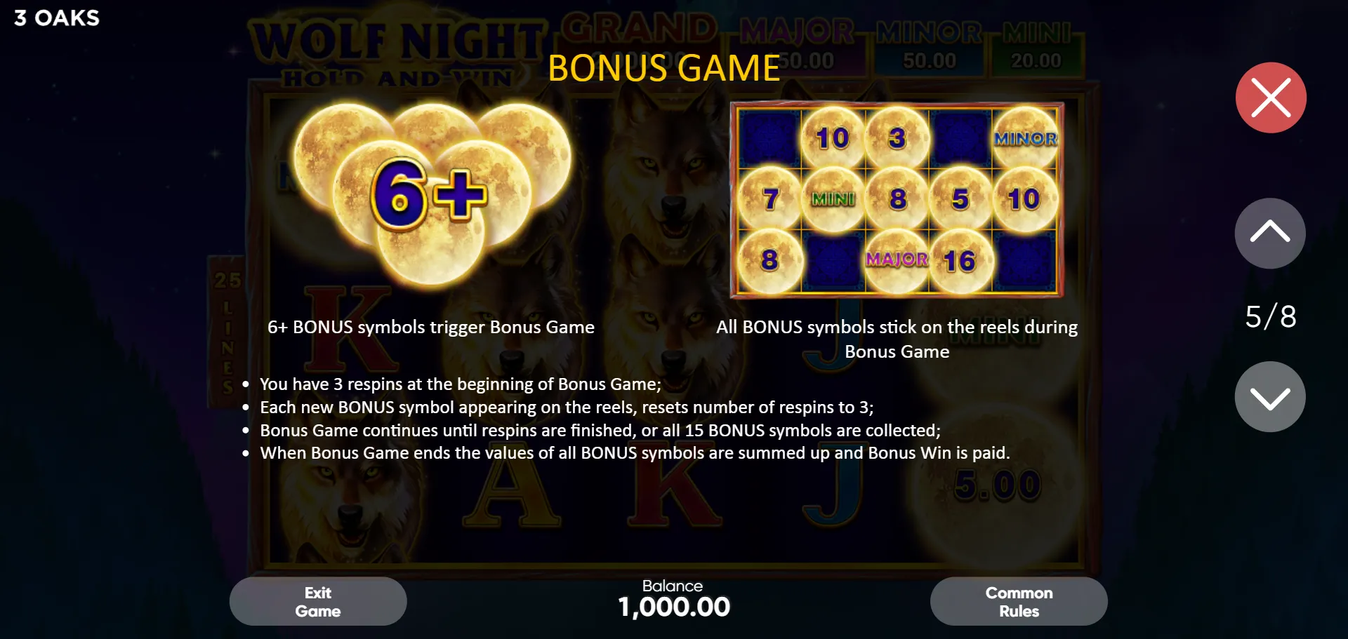 BONUS GAME - 6 plus Bonus symbols trigger Hold and Win, all symbols lock on reels during Bonus, board shows jackpot symbols and coin values