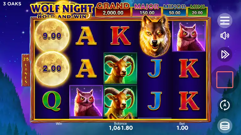 Wolf Night mid-session checkpoint - spin ~867, on-screen balance 1,061.80 at bet 1.00