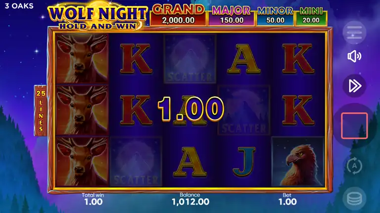 Free Spins trigger - 3 Scatter symbols on reels 2, 3, 4 with deer symbols on reel 1, balance 1,012.00 at bet 1.00
