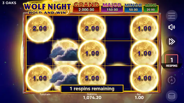 Hold and Win board mid-sequence with 8 locked coin values plus 2 Mystery symbols and 1 respin remaining, values include 5x and 4x coins, balance 1,074.20 at bet 1.00
